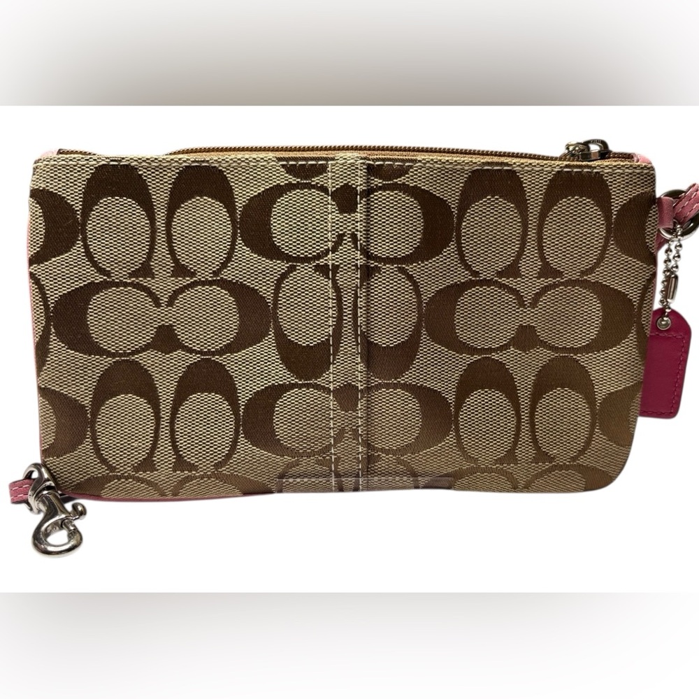 COACH 2005 Signature Double Pocket Wristlet Khaki Pink Trim – Vintage EUC - Picture 2 of 11